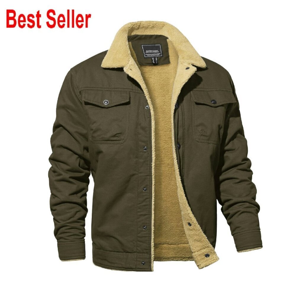 Men's Cotton Cargo Jacket Sherpa Fleece Lined Work Coat Classic Utility Style